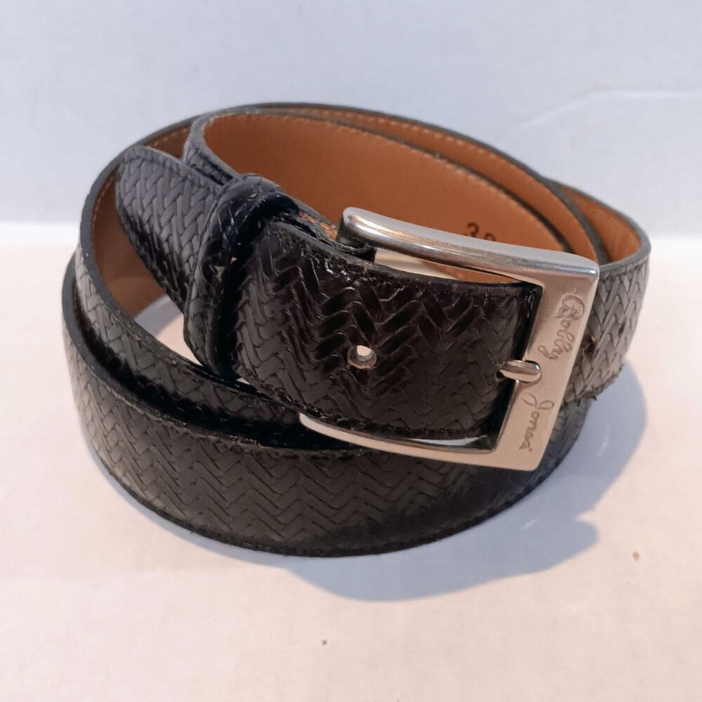 Bobby Jones Embossed Leather Belt-Size 38-Black-Herringbone-Brass Buckle